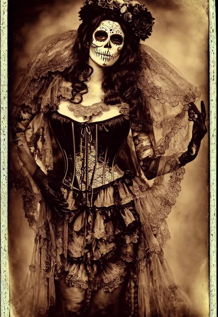 Image similar to tintype full body view, woman veiled dia de muertos dress and make up, corset garters and stockings, horrific beautiful vibe, evocative, atmospheric lighting, painted, intricate, highly detailed,