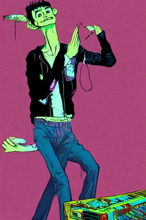 Prompt: a skinny goth guy standing in a cluttered 9 0 s bedroom by jamie hewlett, jamie hewlett art, full body character concept art, vaporwave colors,