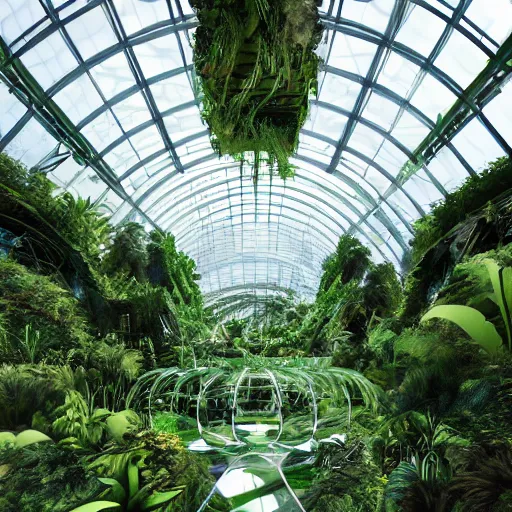 Prompt: stunning indoor jungle inside epic high technology biodome designed by zaha hadid, ultra detailed, highest quality, trending on artstation, polished minimalistic design, smooth organic forms, bio architecture, 8 k