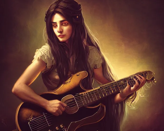 Image similar to photography of bard wearing a band shirt while playing a black electric guitar at a tavern concert, 8 k, deep focus, d & d, fantasy, intricate, elegant, highly detailed, digital painting, artstation, concept art, matte, sharp focus, illustration, hearthstone, art by artgerm and greg rutkowski and alphonse mucha