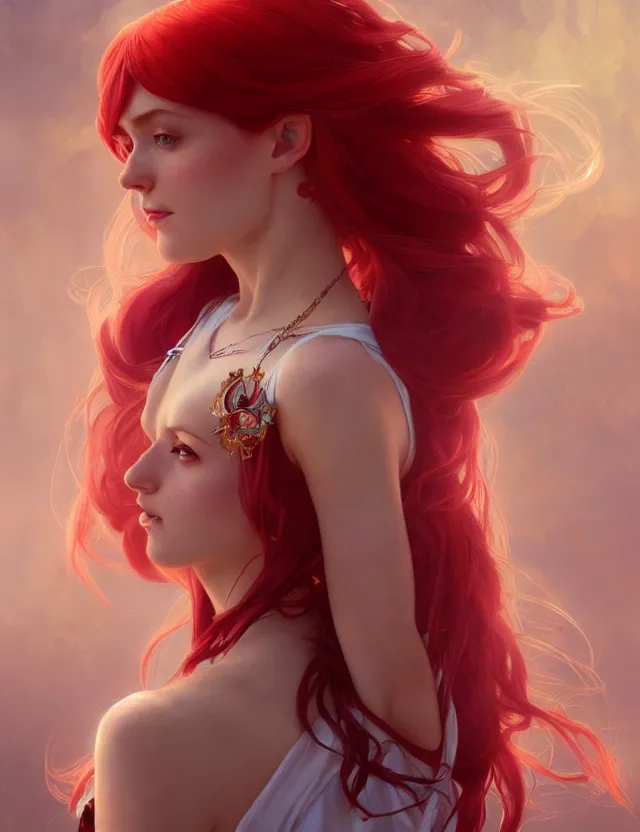 Image similar to beautiful magical girl, with red hair, wonderful eyes, over - detailed, elegant, intricate, dynamic lighting, hyperrealism, digital art, digital painting, artstation, wlop, clear focus, illustration, works by artgerm, greg rutkowski and alphonse mucha, 8 k