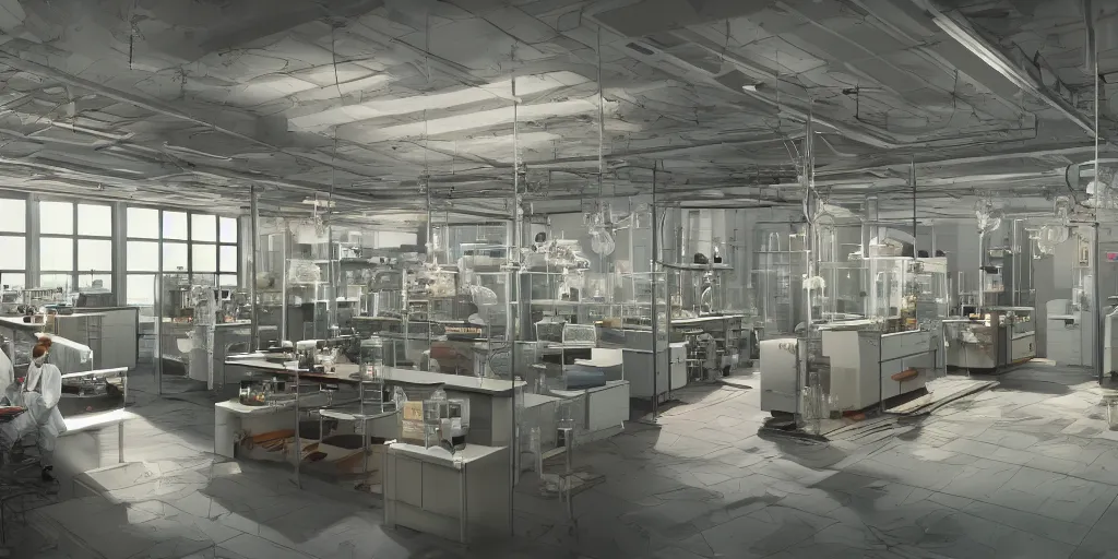 Image similar to an extremely detailed render of bio laboratory, trending on Artstation, 8k, photorealistic, hyper detailed, unreal engine 5, cinematic, epic lighting