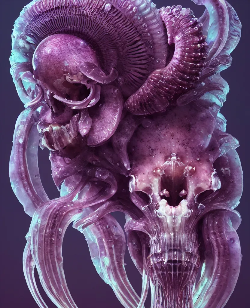 Image similar to goddess close-up portrait ram skull. jellyfish phoenix head, nautilus, orchid, ram skull, betta fish, bioluminiscent creatures, intricate artwork by Tooth Wu and wlop and beeple. octane render, trending on artstation, greg rutkowski very coherent symmetrical artwork. cinematic, hyper realism, high detail, octane render, 8k