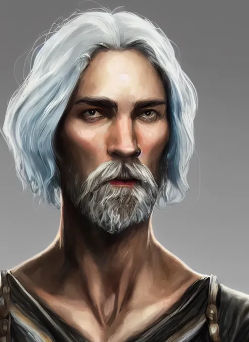 Image similar to tristan fulcher livedoce young man with short white fringe white hair and moustache, dndbeyond, bright, colourful, realistic, dnd character portrait, full body, pathfinder, pinterest, art by ralph horsley, dnd, rpg, lotr game design fanart by concept art, behance hd, artstation, deviantart, hdr render in unreal engine 5