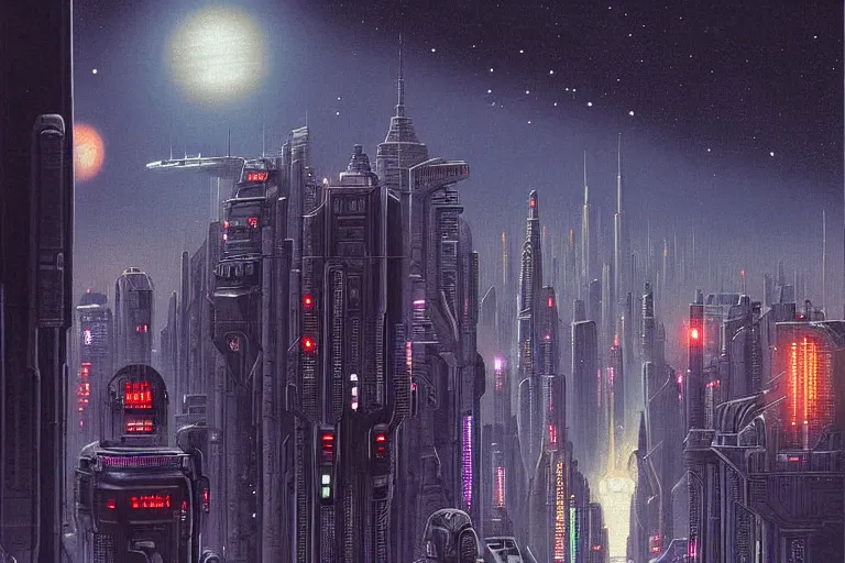 Image similar to a scifi illustration, Night City on Coruscant by robert hubert