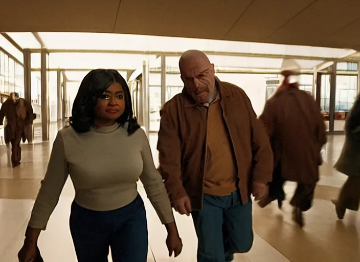 Image similar to cinematic shot of octavia spencer being chased down an escalator by walter white in a strange defunct abandoned mall, iconic scene from the paranoid thriller sci fi film directed by stanley kubrick, 2 4 mm anamorphic lens, backlit, moody strange cinematography, beautiful composition, color theory, leading lines, photorealistic, highly detailed scene moody lighting