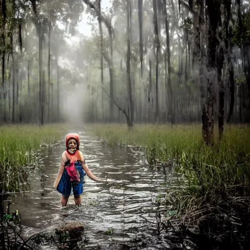 Prompt: thin little girl in a swamp wearing old gas mask. Water to her knees. Bayou. Dark Green forest. Foggy. Fireflies fly around