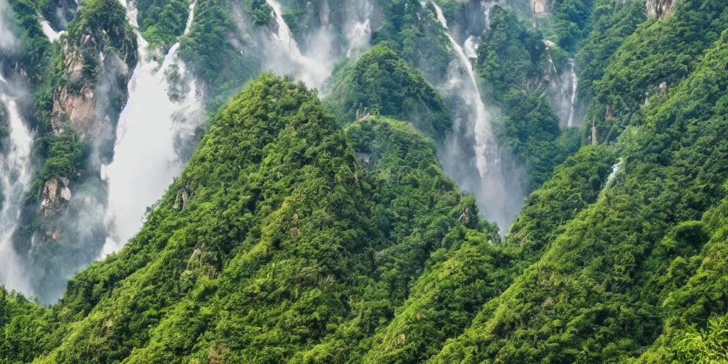 Image similar to Cloudy peaks in southern China with waterfalls, the style of National Geographic magazine