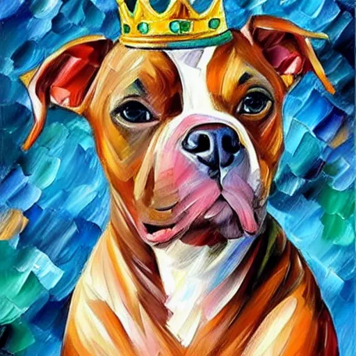 Prompt: painting of a mini pitbull wearing a crown and jewelry by Leonid Afremov