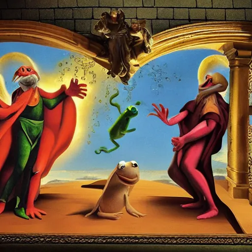 Prompt: the creation of adam but with kermit the frog and jim henson instead, muppets, renaissance style, heavenly, cosmic, god rays, intricate detail, 8 k,