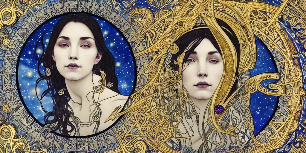 Prompt: the longest night, cloaked dark night, astronomical star constellations and watch gears, traditional moon and candle and tattoo, awardwinning art by sana takeda and alphonse mucha and alex grey, handsome face and beautiful face, maiden and crone, ultramarine blue and gold, intricate stained glass
