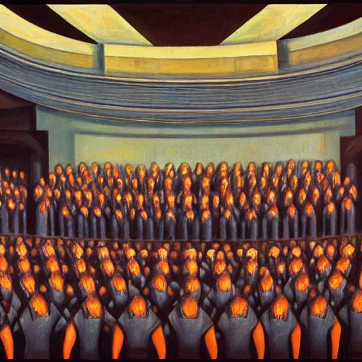 Image similar to robotic choir in an amphitheater, pj crook, grant wood, edward hopper, syd mead, chiaroscuro, oil on canvas