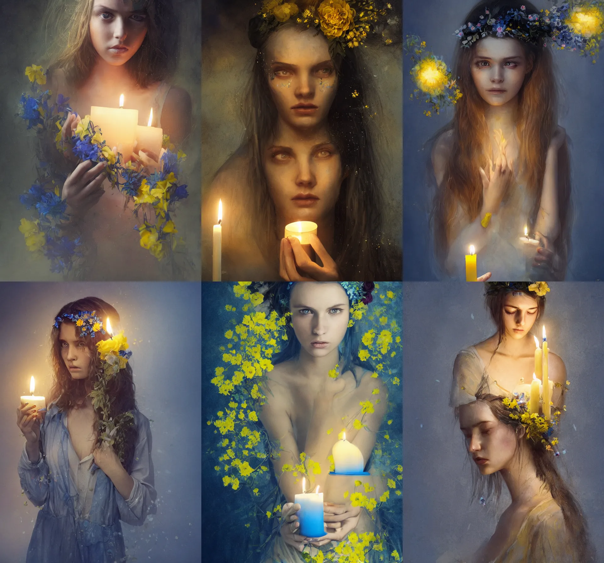 Prompt: A gorgeous young woman with blue-yellow tapes and flowersand in her hair sad crying and a candle in her hand, high detail, styled by Greg Rutkowski, dark background, dramatic lighting