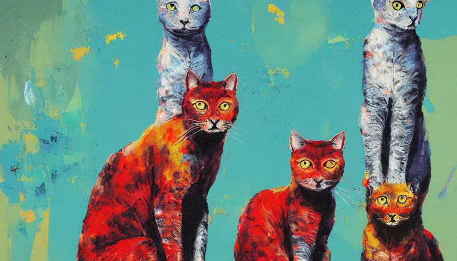 Prompt: contemporary semi abstract acrylic painting of really tall cats by cath kidson, by greg rutkowski, kessler art, thick brush strokes and visible paint layers, multicolor color scheme