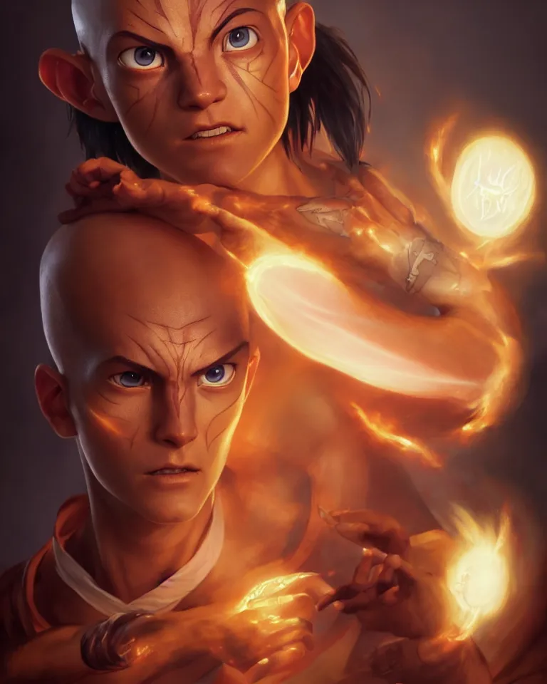 Prompt: avatar aang glowing tattoo,digital art,ultra realistic,ultra detailed,art by greg rutkowski sacha goldberger,hyperdetailed,detailed face,professional lighting,dramatic,3 point lighting