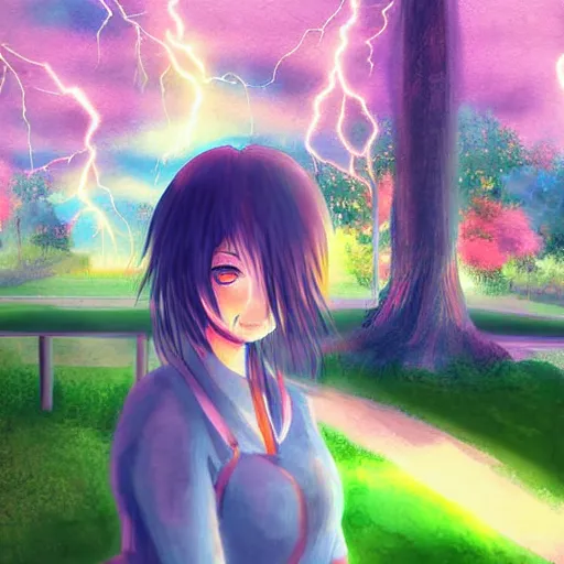 Image similar to anime girl in a park, evening lightning, warm, digital painting