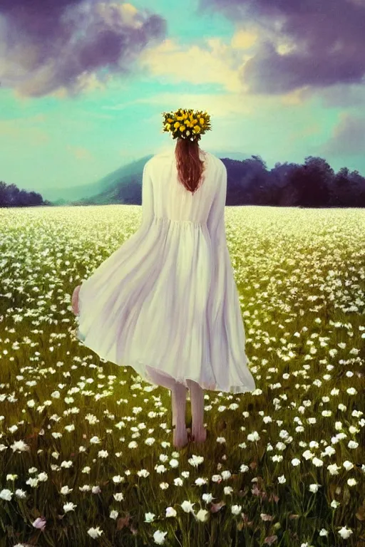 Image similar to giant white daisy flower crown head, veil girl walking in a flower field, surreal photography, sunrise, dramatic light, impressionist painting, colorful clouds, digital painting, artstation, simon stalenhag