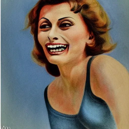 Image similar to a 1 9 2 8 color drawing portrait. calm, happy, healthy, smiling, sporty, young, glowing sophia loren in athletic wear with big smile and healthy teeth. realistic, high quality.