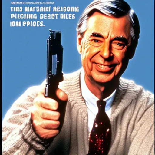 Prompt: Mr. Rogers as an action movie poster dual wielding high-caliber pistols with explosions in the background