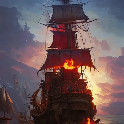 Image similar to pirate ship on fire d & d fantasy intricate elegant highly detailed digital painting artstation concept art matte sharp focus illustration hearthstone art by artgerm art by greg rutkowski art by alphonse mucha