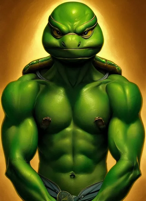 Image similar to portrait of leonardo from teenage mutant ninja turtle, muscular! turtle shell in the back!, intricate, elegant, highly detailed, green skin!, digital painting, artstation, concept art, smooth, sharp focus, illustration, art by artgerm and greg rutkowski and alphonse mucha