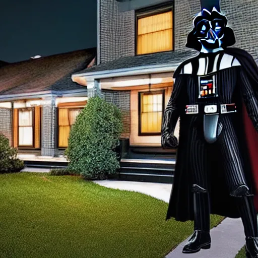 Image similar to darth vader is walking up to a chicago bungalow at night.