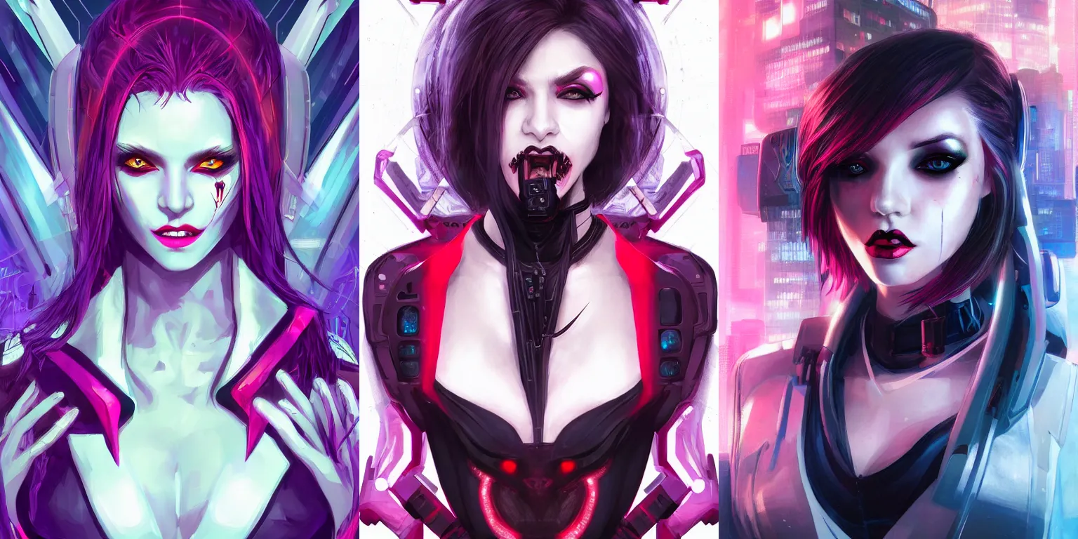 Prompt: awesome futuristic cyberpunk portrait of a beautiful vampire-girl with red eyes and big fangs and cute face, high detailed, artstation, inspire, neon, very beautiful, vaporwave, ultra quality, character design art, scarry but bewitching by Kelly McKernan