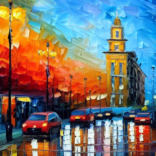 Image similar to palette knife oil painting of downtown portland at dusk