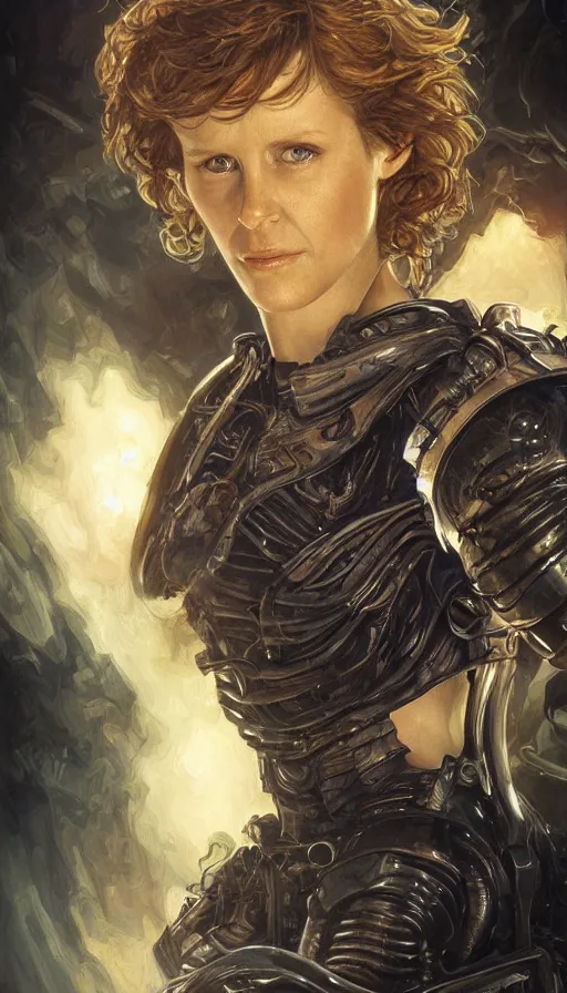 Prompt: ellen ripley, warhammer, lord of the rings, sweaty, intricate, highly detailed, digital painting, artstation, concept art, smooth, sharp focus, illustration, unreal engine 5, 8 k, art by artgerm and greg rutkowski and alphonse mucha