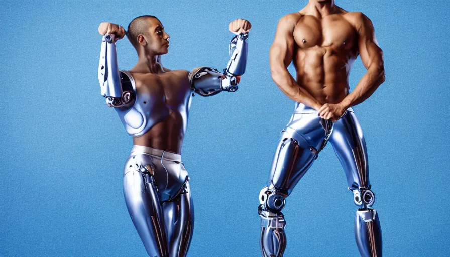 Prompt: male robot fitness model standing, blue background, bright lighting, shiny glossy metallic skin