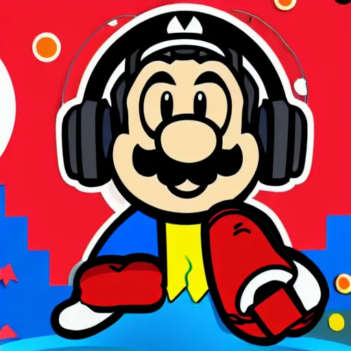 Image similar to svg sticker of a Pop-Wonder SuperMario, Mario-Wearing-a-red-hat, at a rave, spinning records, giant headphones rocking out, wearing headphones, huge speakers, dancing, rave, DJ, spinning records, digital art, amazing composition, rule-of-thirds, award-winning, trending on artstation, featured on deviantart