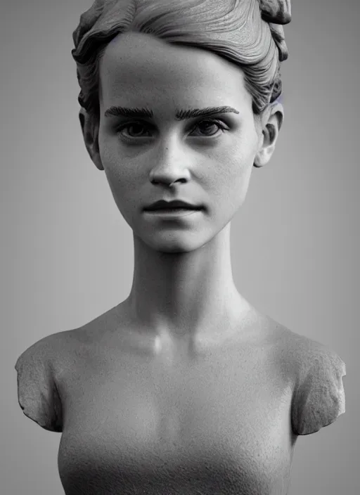 Image similar to 3D resin miniature sculpture of Emma Watson by Jean-Baptiste Carpeaux and Luo Li Rong, prefect symmetrical face, academic art, realistic, 8K, Introduction factory photo, Product Introduction Photo, Hyperrealism. Subsurface scattering, raytracing, Octane Render, Zbrush, simple background
