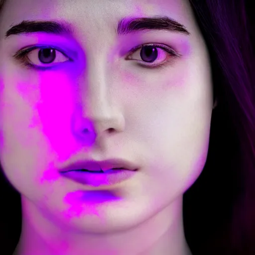 Prompt: ultraviolet spectrum portrait of a young woman, facial closeup, Baader U Venus filter, ultraviolet photography