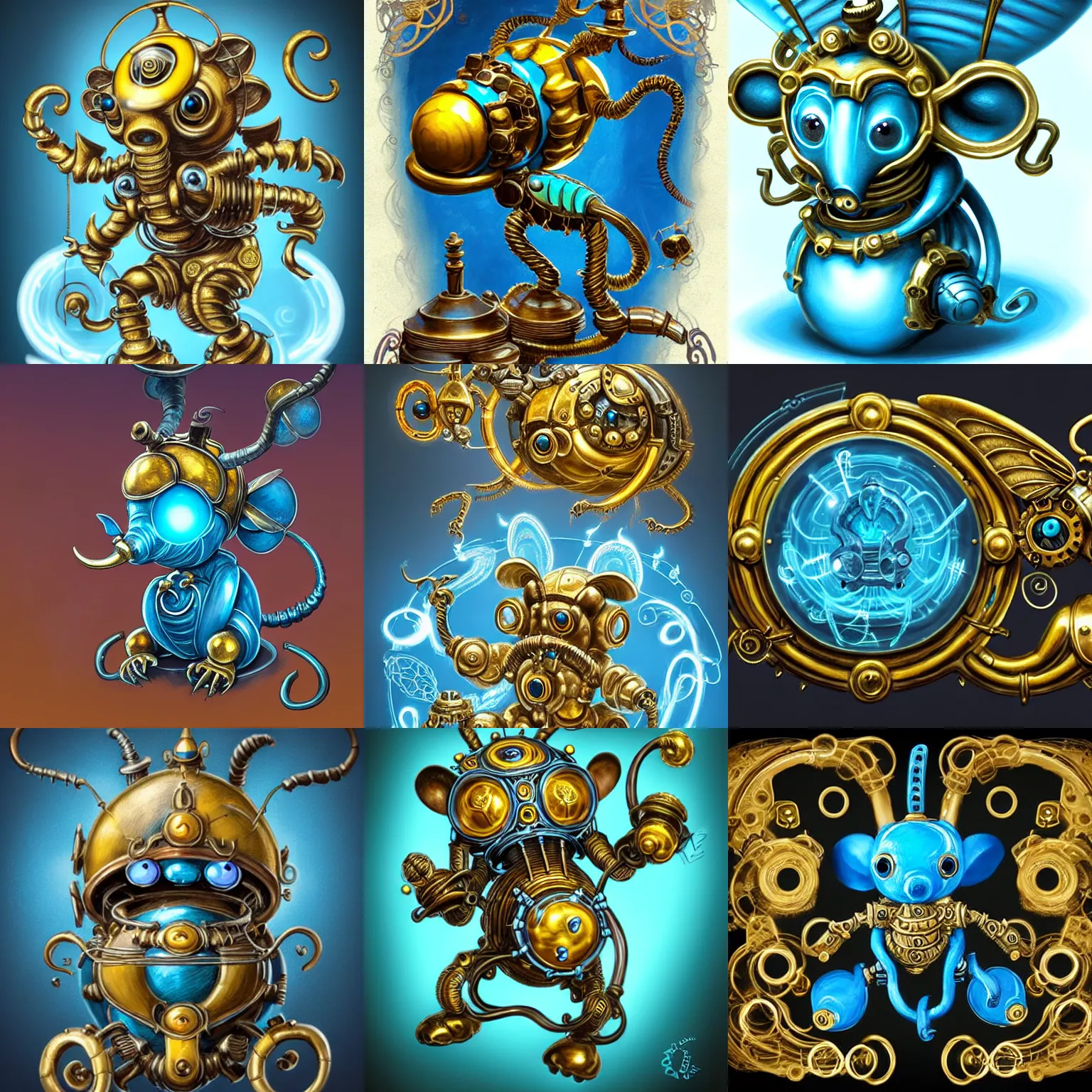Prompt: Kaladesh concept art. Bumble-dumbo bee-rat, cute. Mechanical gold homunculus invention powered by Aether. Decorative flourish metalwork, heavy-gauge filigree, cogs, blown glass, glowing cyan blue plasma.