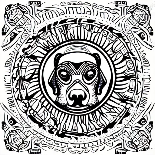 Prompt: tattoo sketch of a dog hugging the sun, on a canva, polynesian style, maori, ornament, lines, vector,
