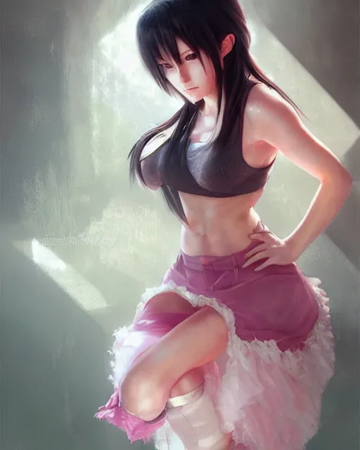 Image similar to tifa lockhart in pastel pink lace skirt, portrait, illustration, rim light, top light, perfectly shaded, soft painting, art by ross tran, krenz cushart and wenjun lin