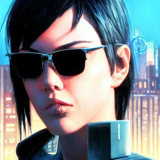Prompt: a closeup portrait of a young joan jett as a cyberpunk protagonist, sunglasses, cyborg, dramatic light, city background, megacity, sunset, high contrast, sharp, painted by stanley lau, painted by greg rutkowski, painted by stanley artgerm, digital art, trending on artstation