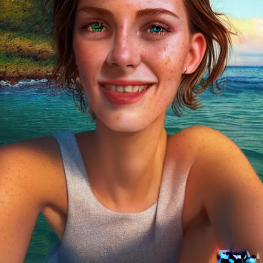 Image similar to portrait of a cute thin young woman, bronze brown hair, emerald green eye color, red blush, cute freckles, smug smile, modern clothes, relaxing on the beach, golden hour, close up shot, 8 k, art by irakli nadar, hyperrealism, hyperdetailed, ultra realistic