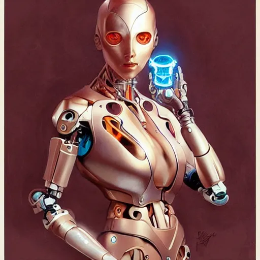 Image similar to female robot, cybernetic paintbrush, robotic arm, incredibly detailed face, pretty face, true anatomy, art by artgerm and greg rutkowski and alphonse mucha