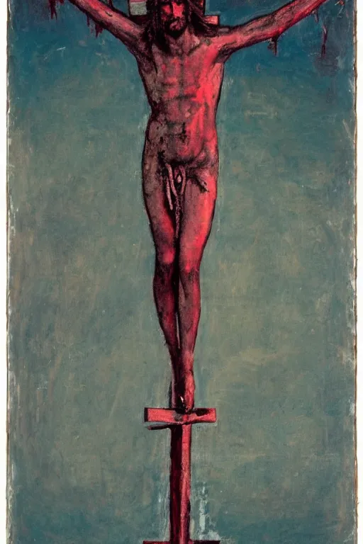 Image similar to bloody christ crucified and some bright ufo in the sky painted by cy twombly and andy warhol