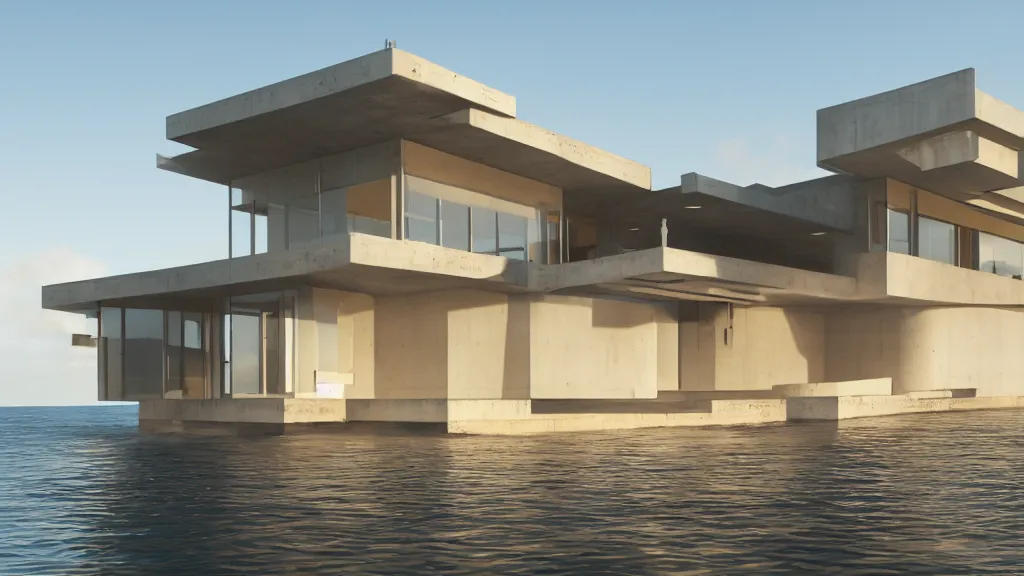 Image similar to modern concrete house built in the ocean, futuristic accents, golden hour, 4 k, built by frank lloyd wright, concept art