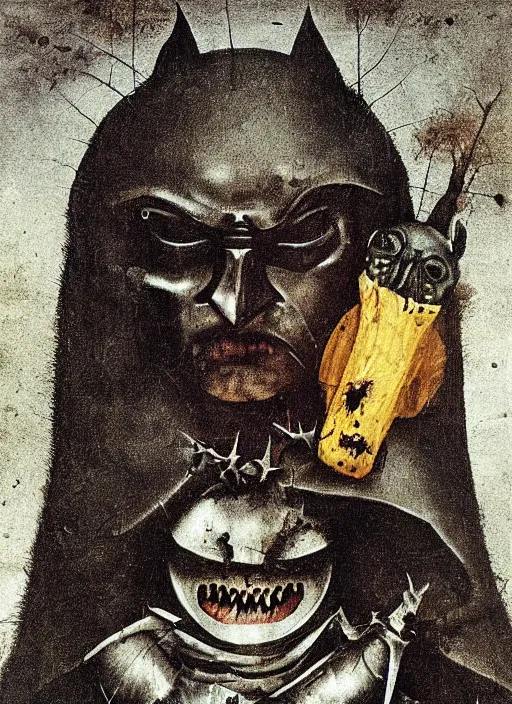 Prompt: The dark knight by Hieronymus Bosch, horror elements, horror theme, award winning