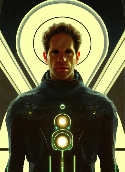 Image similar to symmetry!! portrait of glenn howerton, sci - fi, tech wear, glowing lights!! intricate, elegant, highly detailed, digital painting, artstation, concept art, smooth, sharp focus, illustration, art by artgerm and greg rutkowski and alphonse mucha