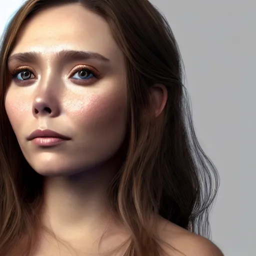 Image similar to nymph render of a very beautiful 3d elizabeth olsen, long hair, hazel eyes, cute freckles, full round face, short smile, cute sundress, golden hour, serene studio setting, medium shot, mid-shot, highly detailed, trending on Artstation, Unreal Engine 4k