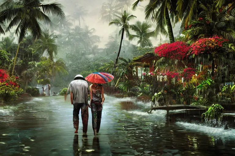 Prompt: ultra realistic illustration, photo, monsoon on tropical island, ornate, beautiful, atmosphere, vibe, mist, coconuts, rain, wet, pristine, puddles, melting, dripping, creek, bridge, forest, roses, flowers, by stanley artgerm lau, thomas kindkade, art gta 5 cover