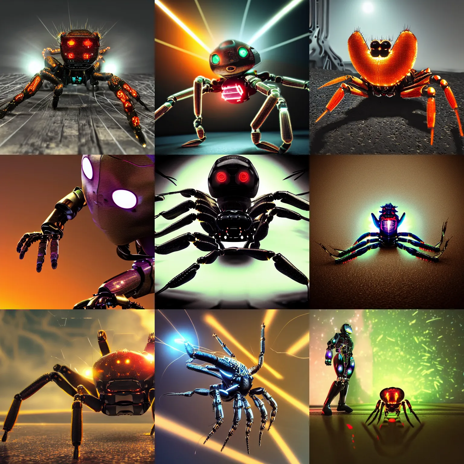 Prompt: cyborg robot, emissive lights, crab, jumping spider, realistic, futuristic, intricate, candid shot