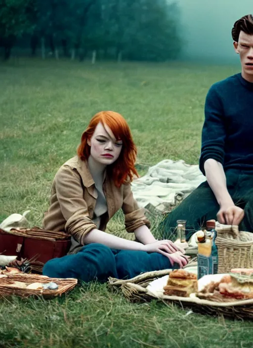 Image similar to emma stone having a picnic with tom holland, faded color film, russian cinema, tarkovsky, kodachrome, old clothing, heavy fog, 4 k, dramatic lighting, greg rutkowski