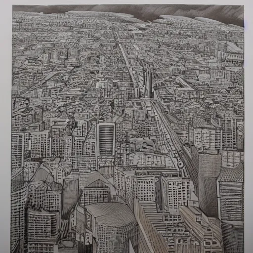 Prompt: detailed masterpiece lithograph of the skyline of Lima, Peru in the style of Katsuhiro Otomo