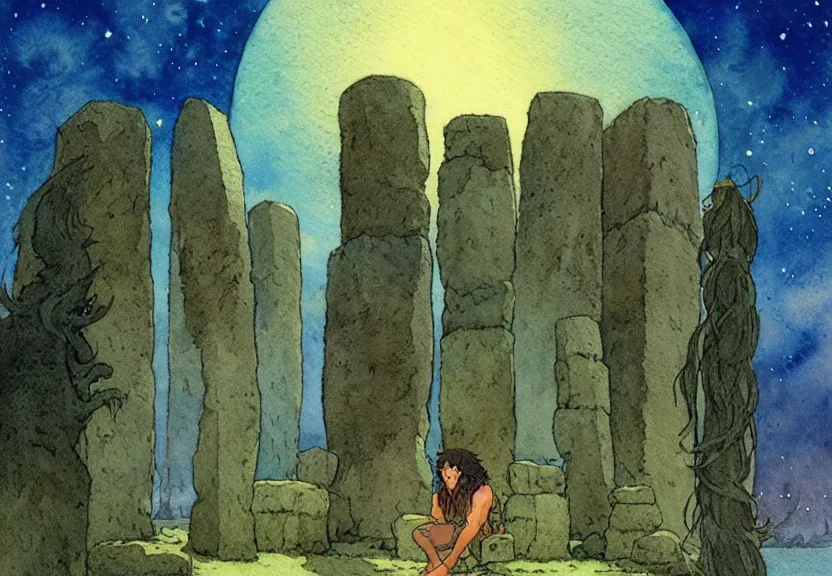 Image similar to a simple watercolor studio ghibli movie still fantasy concept art of a giant native american man sitting on a tiny stonehenge in the ocean. it is a misty starry night. by rebecca guay, michael kaluta, charles vess