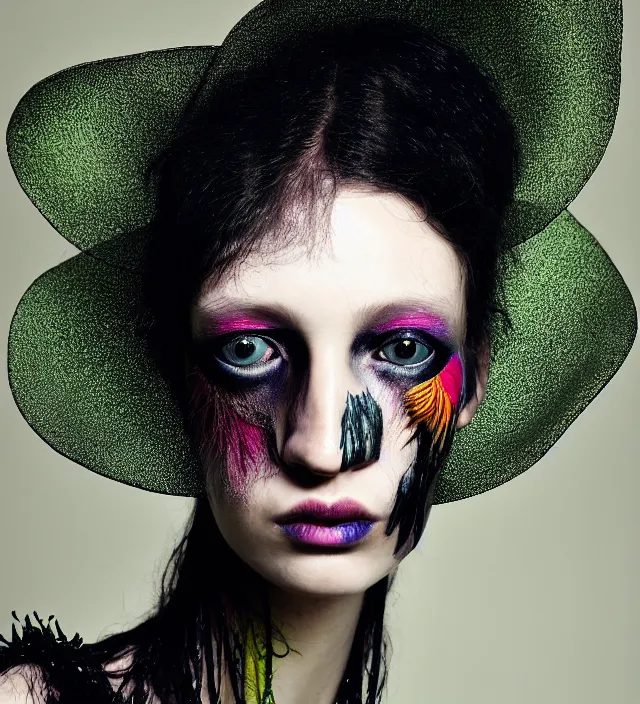 Image similar to photography face portrait of one female fashion model in rainforest, wearing a hat designed by iris van herpen, creative colorfull - makeup, curly hair style half long, photography by paolo roversi nick knight, helmut newton, avedon, and araki, natural pose, highly detailed